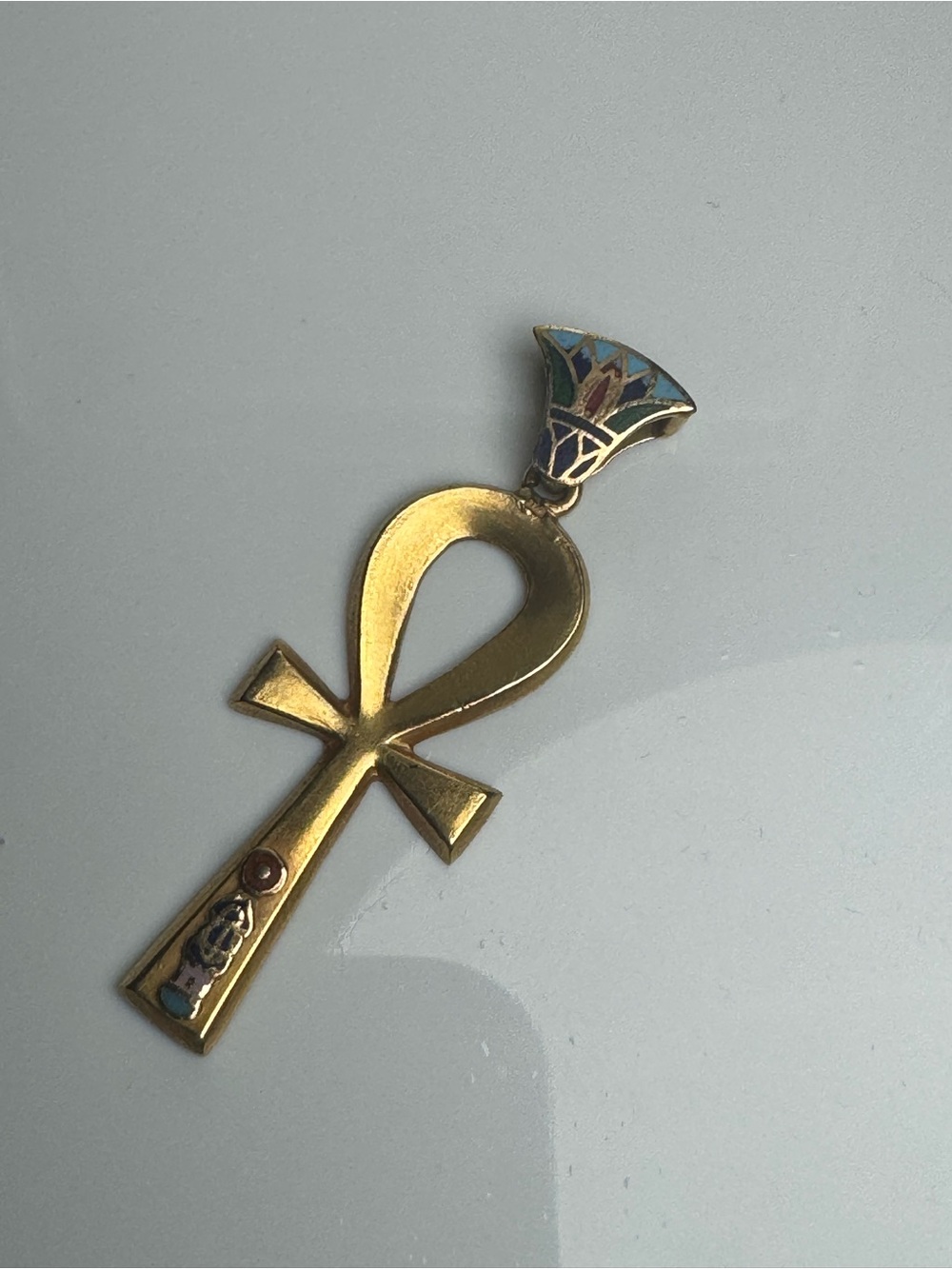 18k Gold Ankh Pendant with Blue and Green Enamel Accent